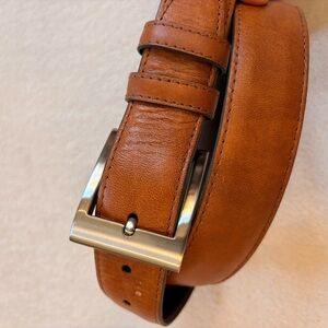 Allen Edmonds Tan Light Brown Leather Belt with Brushed Silver Buckle Sz 32
